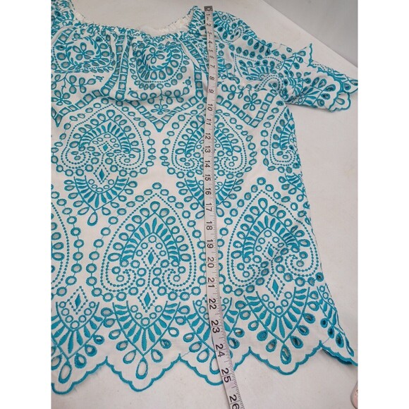 Chicos 2 Top Teal Blue Eyelet Cold Shoulder Short Zig Zag Sleeve Blouse M - Picture 8 of 11